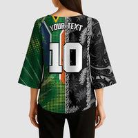 Custom Aotearoa South Africa Rugby Freedom Cup Kimono Sleeve Blouse Maori Silver Fern Art and Sporty Flag SA - Wonder Print Shop