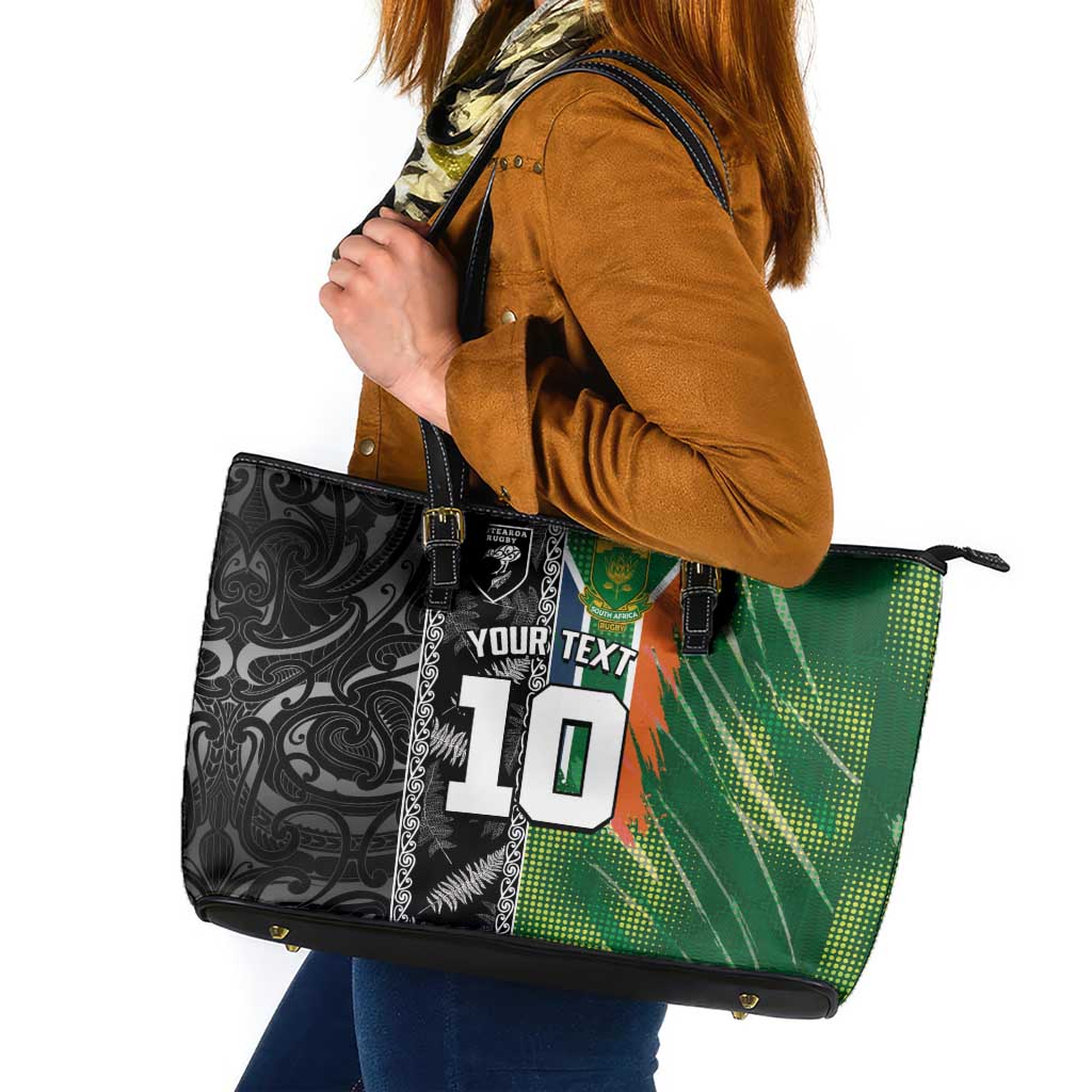 Custom Aotearoa South Africa Rugby Freedom Cup Leather Tote Bag Maori Silver Fern Art and Sporty Flag SA - Wonder Print Shop