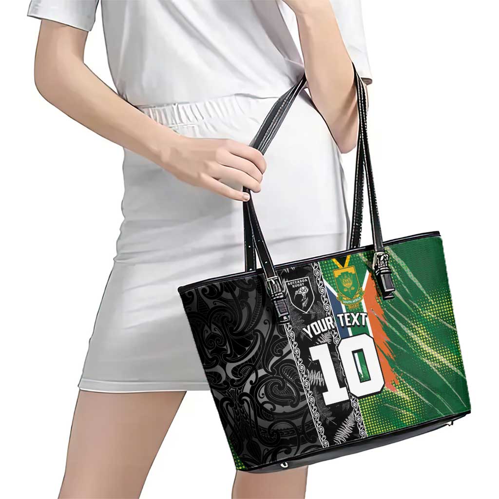 Custom Aotearoa South Africa Rugby Freedom Cup Leather Tote Bag Maori Silver Fern Art and Sporty Flag SA - Wonder Print Shop