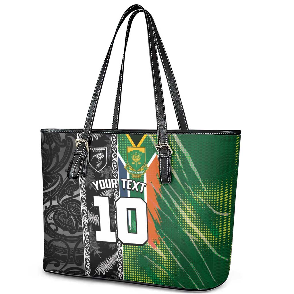 Custom Aotearoa South Africa Rugby Freedom Cup Leather Tote Bag Maori Silver Fern Art and Sporty Flag SA - Wonder Print Shop