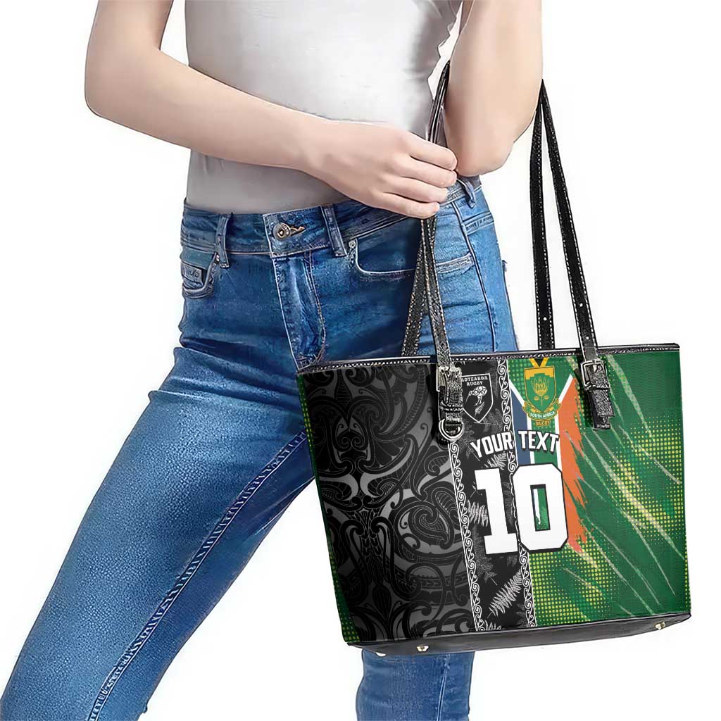 Custom Aotearoa South Africa Rugby Freedom Cup Leather Tote Bag Maori Silver Fern Art and Sporty Flag SA - Wonder Print Shop