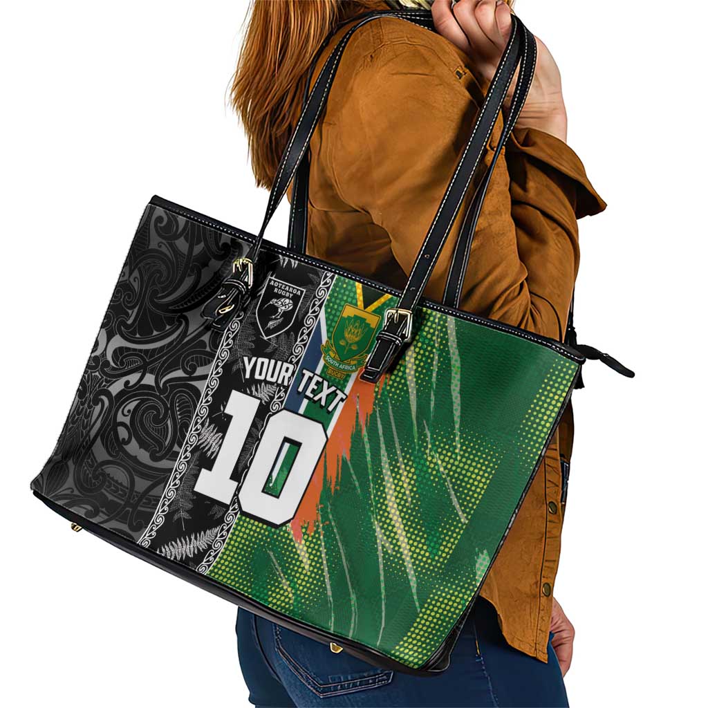 Custom Aotearoa South Africa Rugby Freedom Cup Leather Tote Bag Maori Silver Fern Art and Sporty Flag SA - Wonder Print Shop