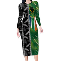 Custom Aotearoa South Africa Rugby Freedom Cup Long Sleeve Bodycon Dress Maori Silver Fern Art and Sporty Flag SA - Wonder Print Shop