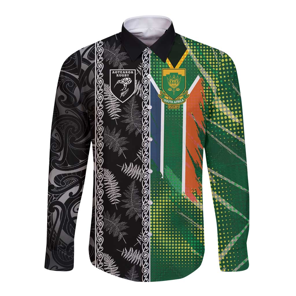 Custom Aotearoa South Africa Rugby Freedom Cup Long Sleeve Button Shirt Maori Silver Fern Art and Sporty Flag SA - Wonder Print Shop