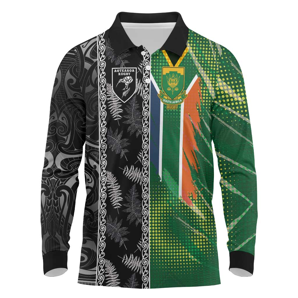 Custom Aotearoa South Africa Rugby Freedom Cup Long Sleeve Polo Shirt Maori Silver Fern Art and Sporty Flag SA - Wonder Print Shop