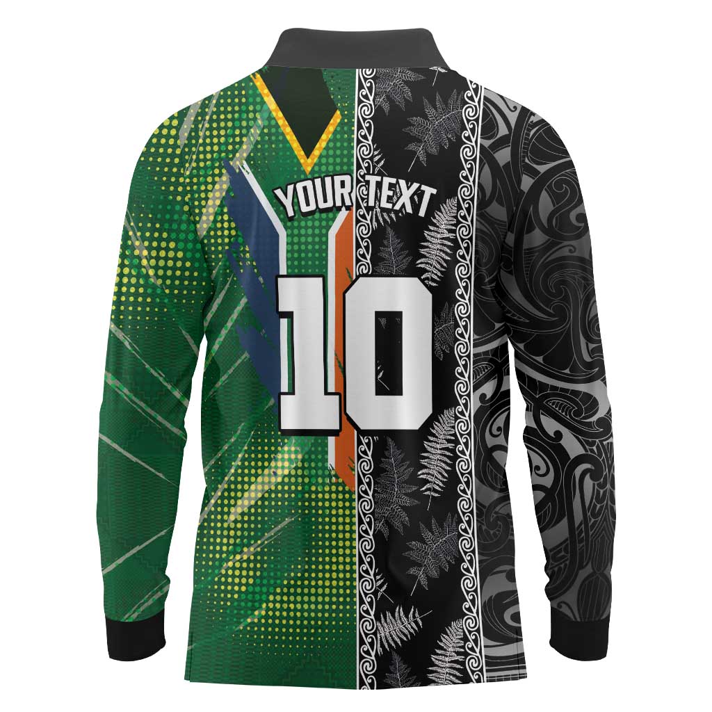 Custom Aotearoa South Africa Rugby Freedom Cup Long Sleeve Polo Shirt Maori Silver Fern Art and Sporty Flag SA - Wonder Print Shop