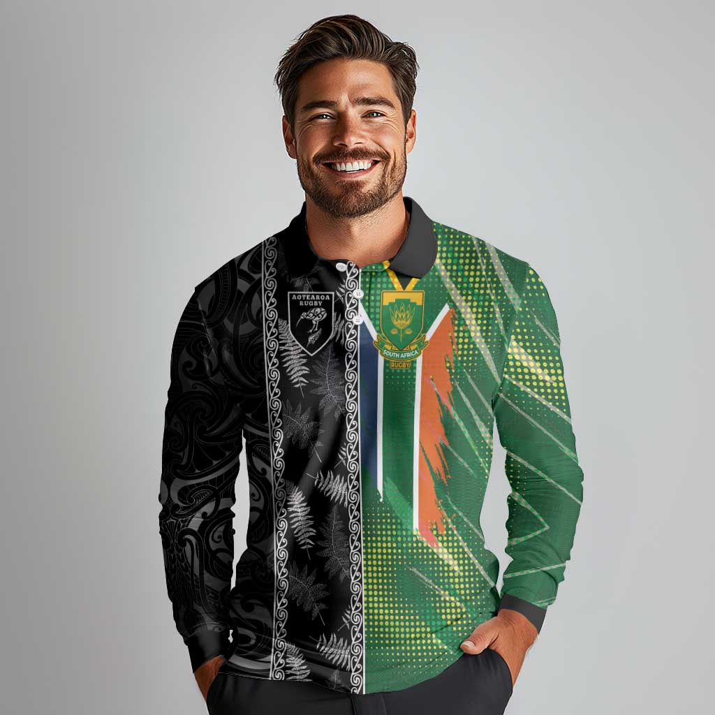 Custom Aotearoa South Africa Rugby Freedom Cup Long Sleeve Polo Shirt Maori Silver Fern Art and Sporty Flag SA - Wonder Print Shop