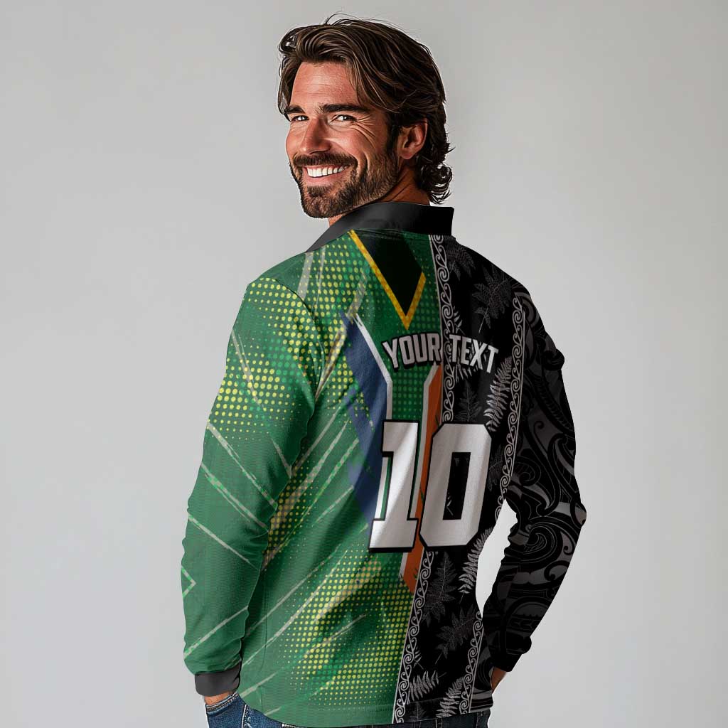 Custom Aotearoa South Africa Rugby Freedom Cup Long Sleeve Polo Shirt Maori Silver Fern Art and Sporty Flag SA - Wonder Print Shop