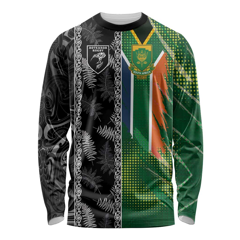 Custom Aotearoa South Africa Rugby Freedom Cup Long Sleeve Shirt Maori Silver Fern Art and Sporty Flag SA - Wonder Print Shop