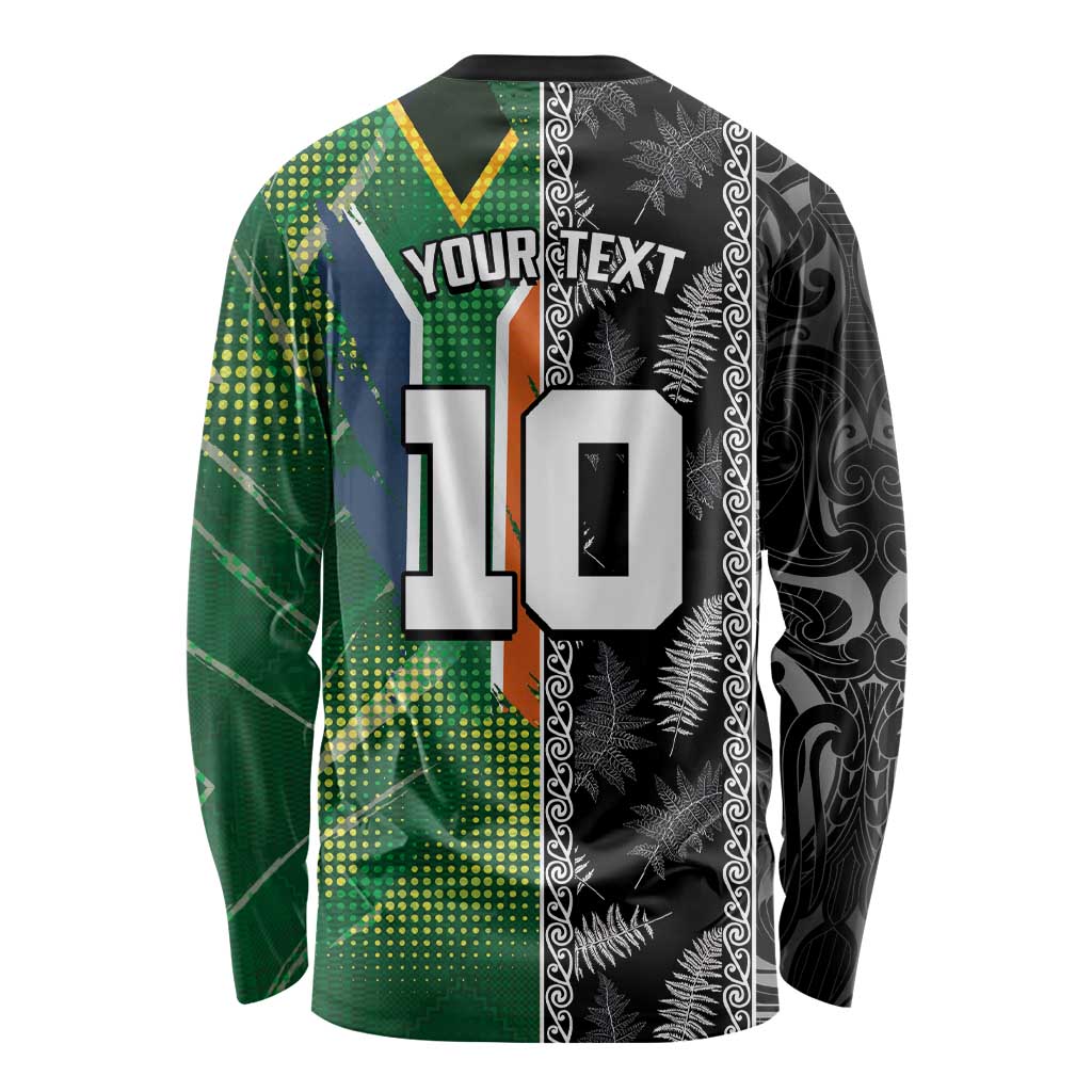 Custom Aotearoa South Africa Rugby Freedom Cup Long Sleeve Shirt Maori Silver Fern Art and Sporty Flag SA - Wonder Print Shop