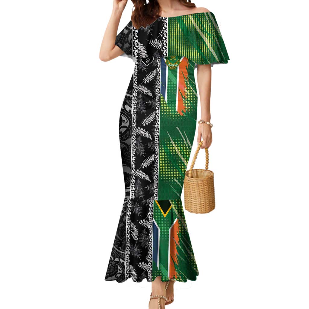 Custom Aotearoa South Africa Rugby Freedom Cup Mermaid Dress Maori Silver Fern Art and Sporty Flag SA - Wonder Print Shop