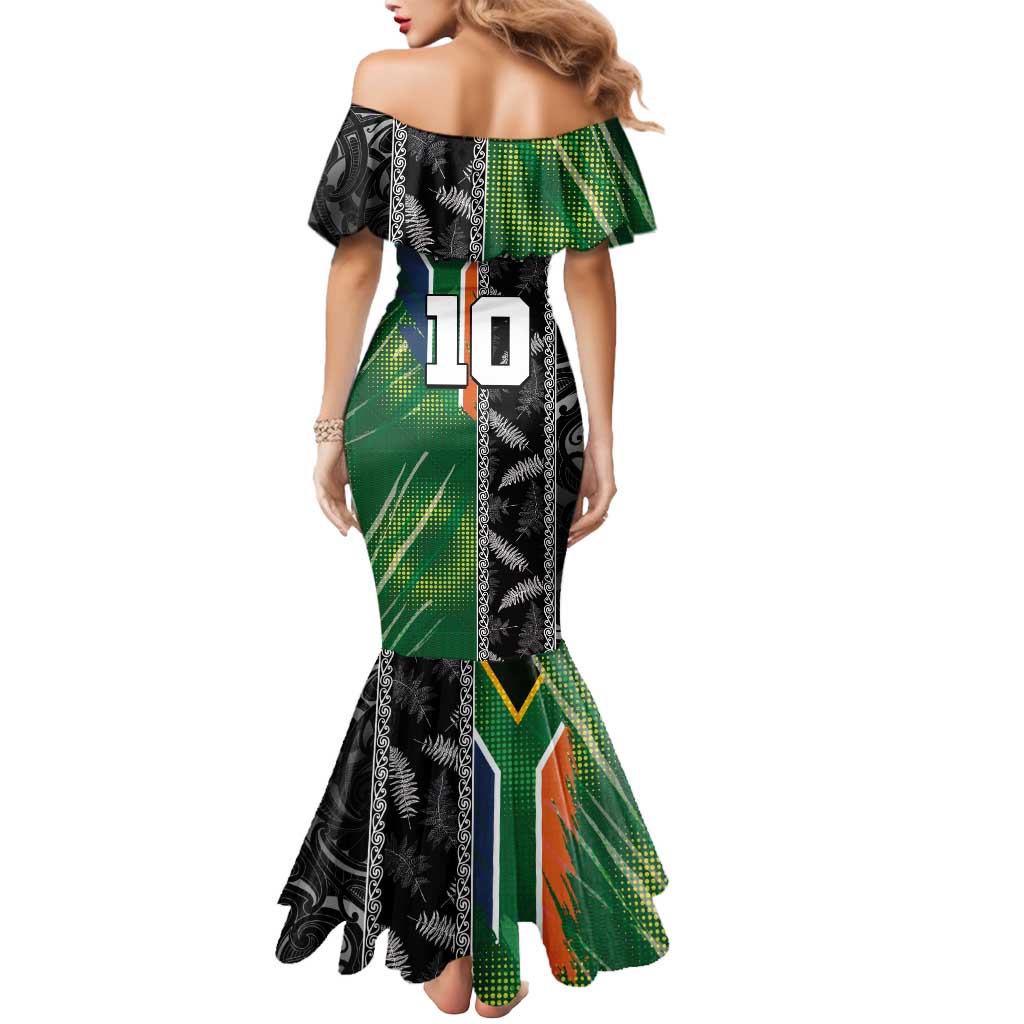 Custom Aotearoa South Africa Rugby Freedom Cup Mermaid Dress Maori Silver Fern Art and Sporty Flag SA - Wonder Print Shop