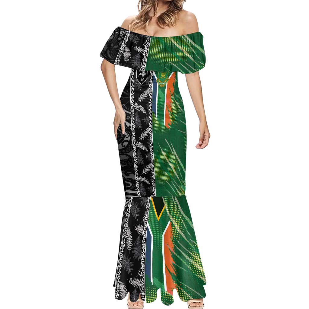 Custom Aotearoa South Africa Rugby Freedom Cup Mermaid Dress Maori Silver Fern Art and Sporty Flag SA - Wonder Print Shop