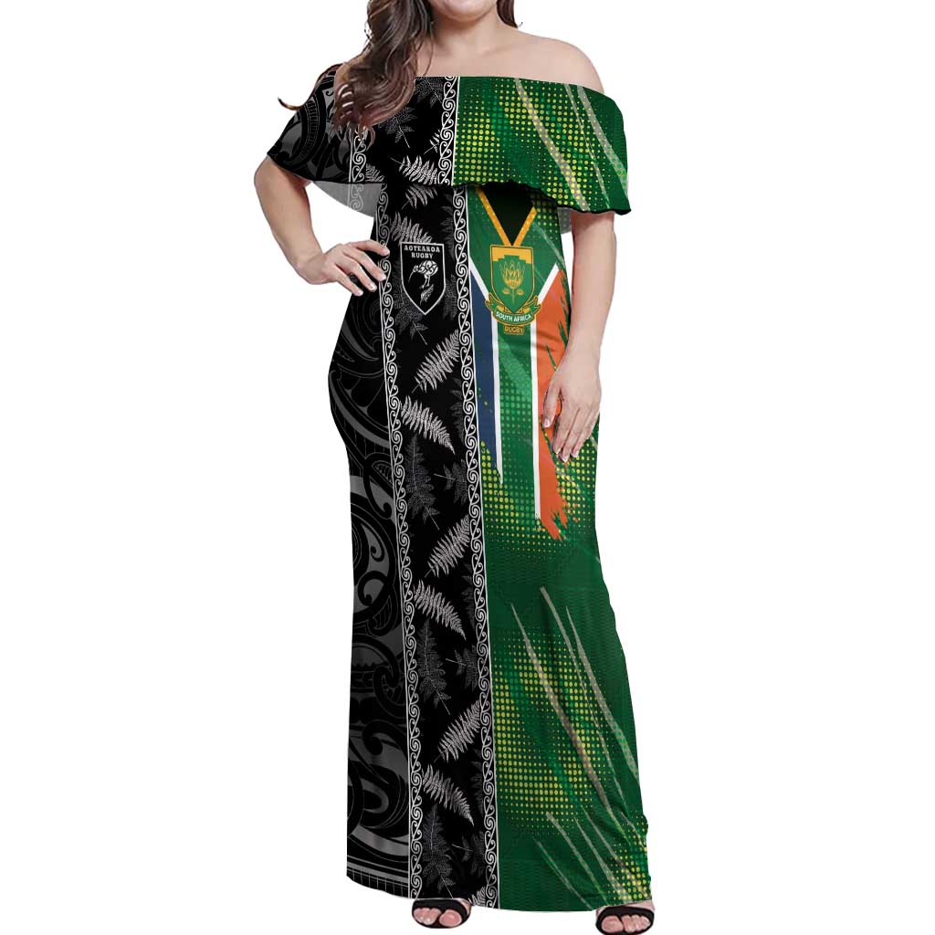 Custom Aotearoa South Africa Rugby Freedom Cup Off Shoulder Maxi Dress Maori Silver Fern Art and Sporty Flag SA - Wonder Print Shop