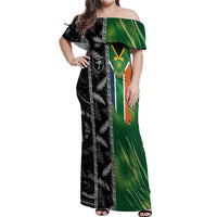 Custom Aotearoa South Africa Rugby Freedom Cup Off Shoulder Maxi Dress Maori Silver Fern Art and Sporty Flag SA - Wonder Print Shop