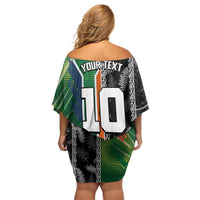Custom Aotearoa South Africa Rugby Freedom Cup Off Shoulder Short Dress Maori Silver Fern Art and Sporty Flag SA - Wonder Print Shop