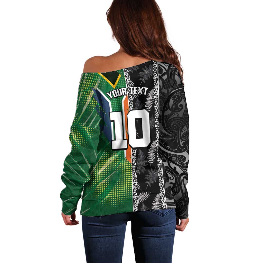 Custom Aotearoa South Africa Rugby Freedom Cup Off Shoulder Sweater Maori Silver Fern Art and Sporty Flag SA - Wonder Print Shop