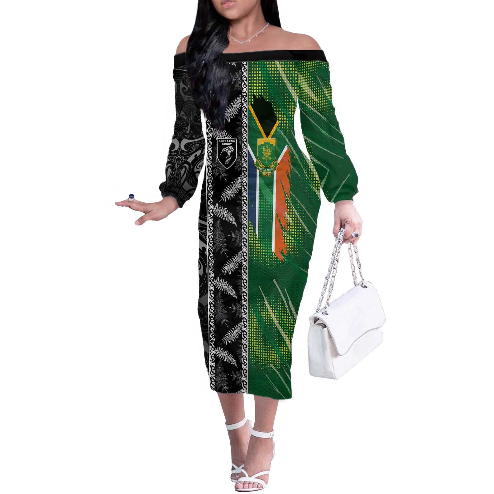 Custom Aotearoa South Africa Rugby Freedom Cup Off The Shoulder Long Sleeve Dress Maori Silver Fern Art and Sporty Flag SA - Wonder Print Shop