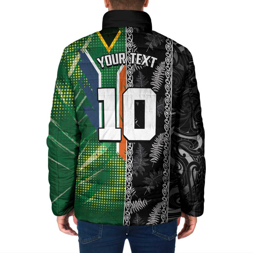 Custom Aotearoa South Africa Rugby Freedom Cup Padded Jacket Maori Silver Fern Art and Sporty Flag SA - Wonder Print Shop
