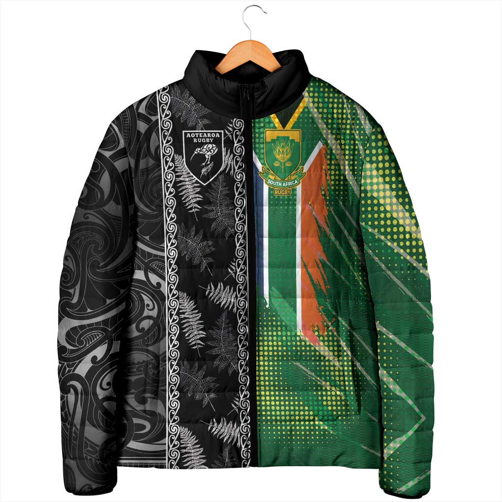 Custom Aotearoa South Africa Rugby Freedom Cup Padded Jacket Maori Silver Fern Art and Sporty Flag SA - Wonder Print Shop
