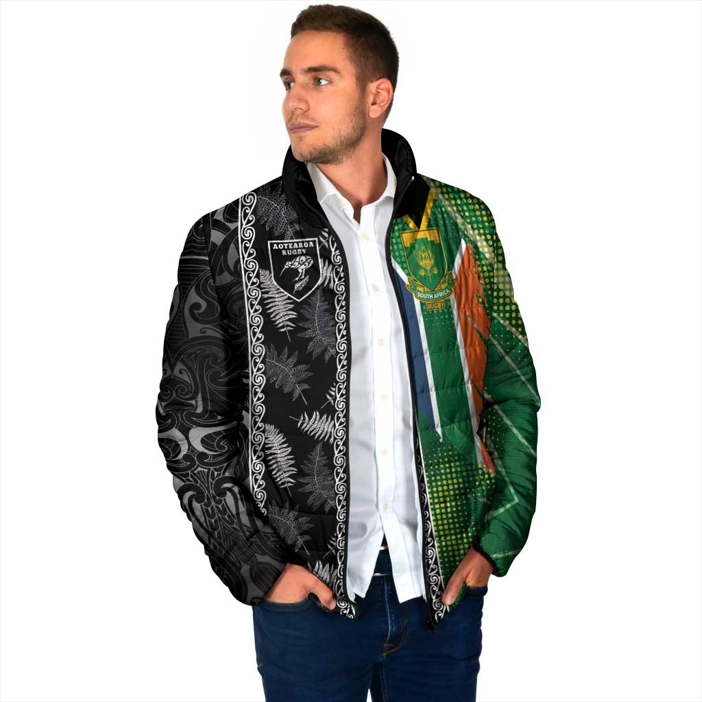 Custom Aotearoa South Africa Rugby Freedom Cup Padded Jacket Maori Silver Fern Art and Sporty Flag SA - Wonder Print Shop