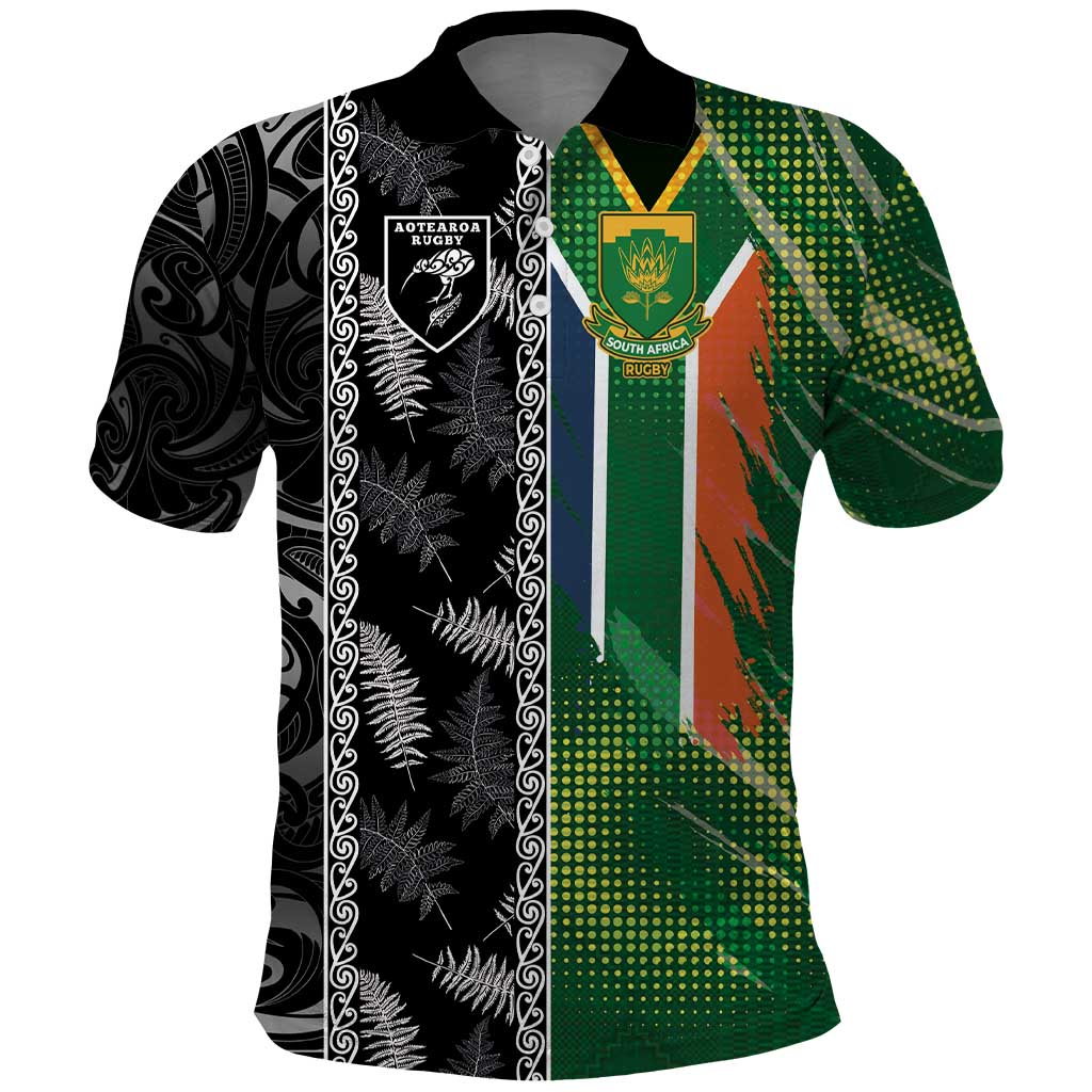 Custom Aotearoa South Africa Rugby Freedom Cup Polo Shirt Maori Silver Fern Art and Sporty Flag SA - Wonder Print Shop