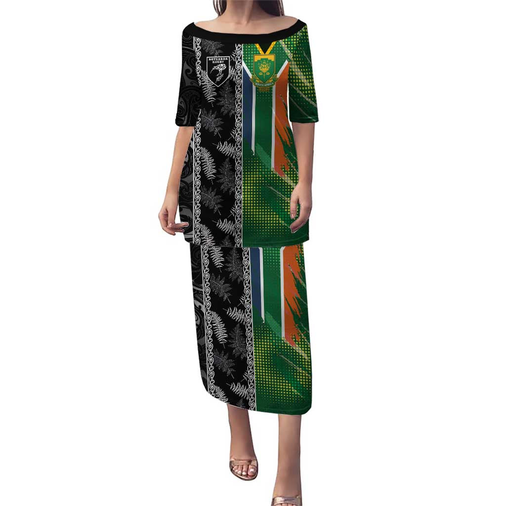 Custom Aotearoa South Africa Rugby Freedom Cup Puletasi Maori Silver Fern Art and Sporty Flag SA - Wonder Print Shop