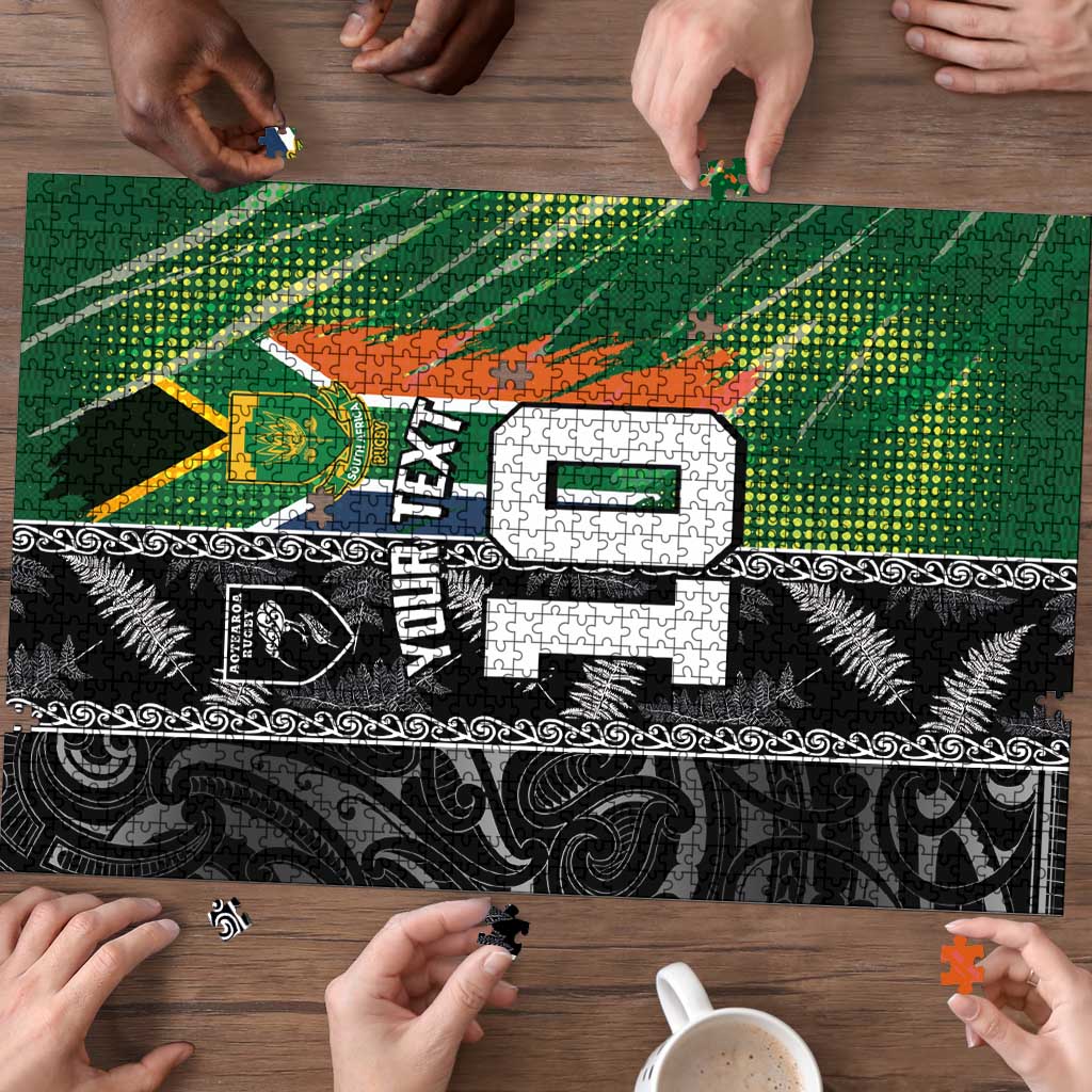 Custom Aotearoa South Africa Rugby Freedom Cup Puzzle Maori Silver Fern Art and Sporty Flag SA - Wonder Print Shop