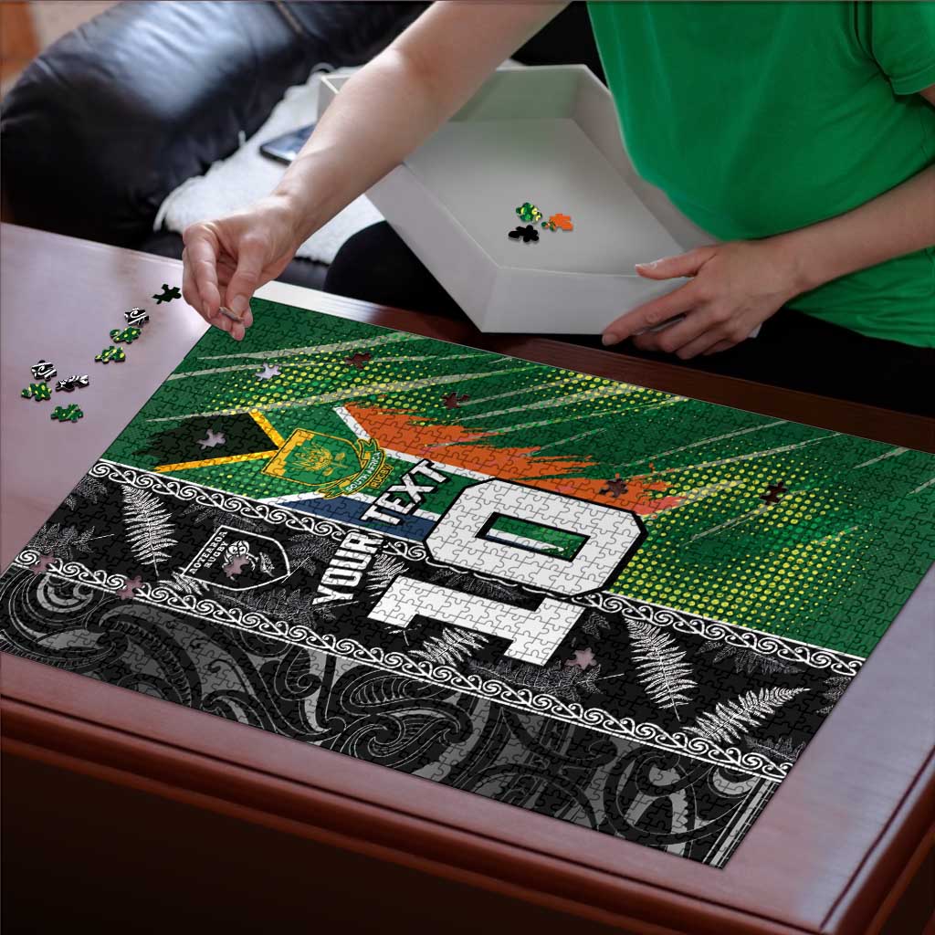 Custom Aotearoa South Africa Rugby Freedom Cup Puzzle Maori Silver Fern Art and Sporty Flag SA - Wonder Print Shop