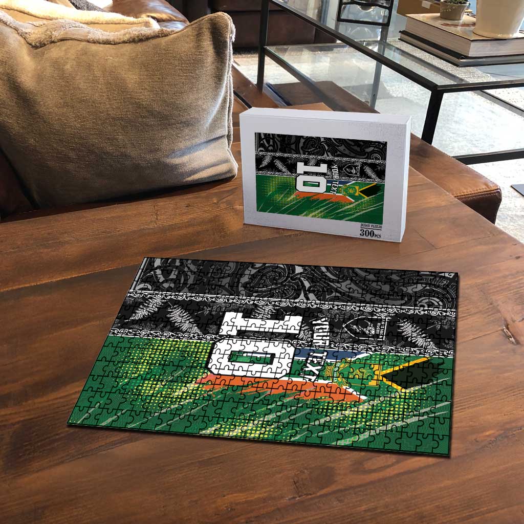 Custom Aotearoa South Africa Rugby Freedom Cup Puzzle Maori Silver Fern Art and Sporty Flag SA - Wonder Print Shop