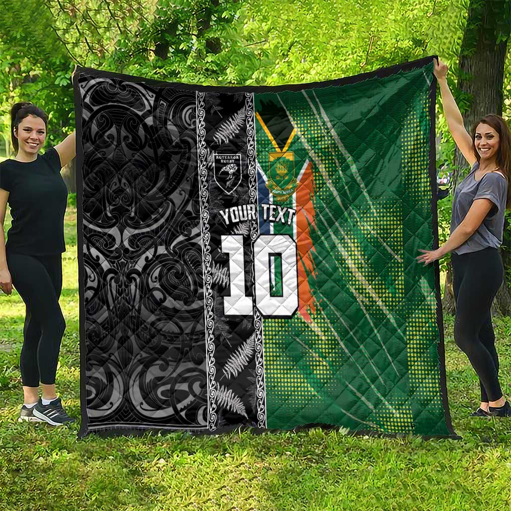 Custom Aotearoa South Africa Rugby Freedom Cup Quilt Maori Silver Fern Art and Sporty Flag SA - Wonder Print Shop