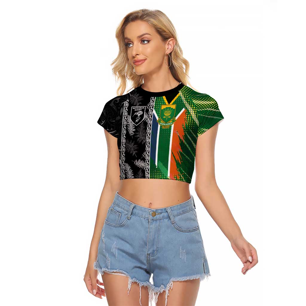 Custom Aotearoa South Africa Rugby Freedom Cup Raglan Cropped T Shirt Maori Silver Fern Art and Sporty Flag SA - Wonder Print Shop