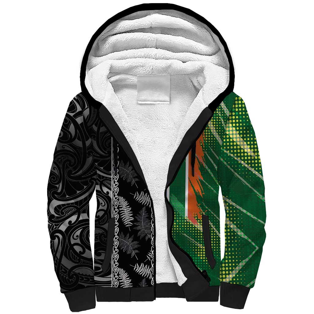Custom Aotearoa South Africa Rugby Freedom Cup Sherpa Hoodie Maori Silver Fern Art and Sporty Flag SA - Wonder Print Shop