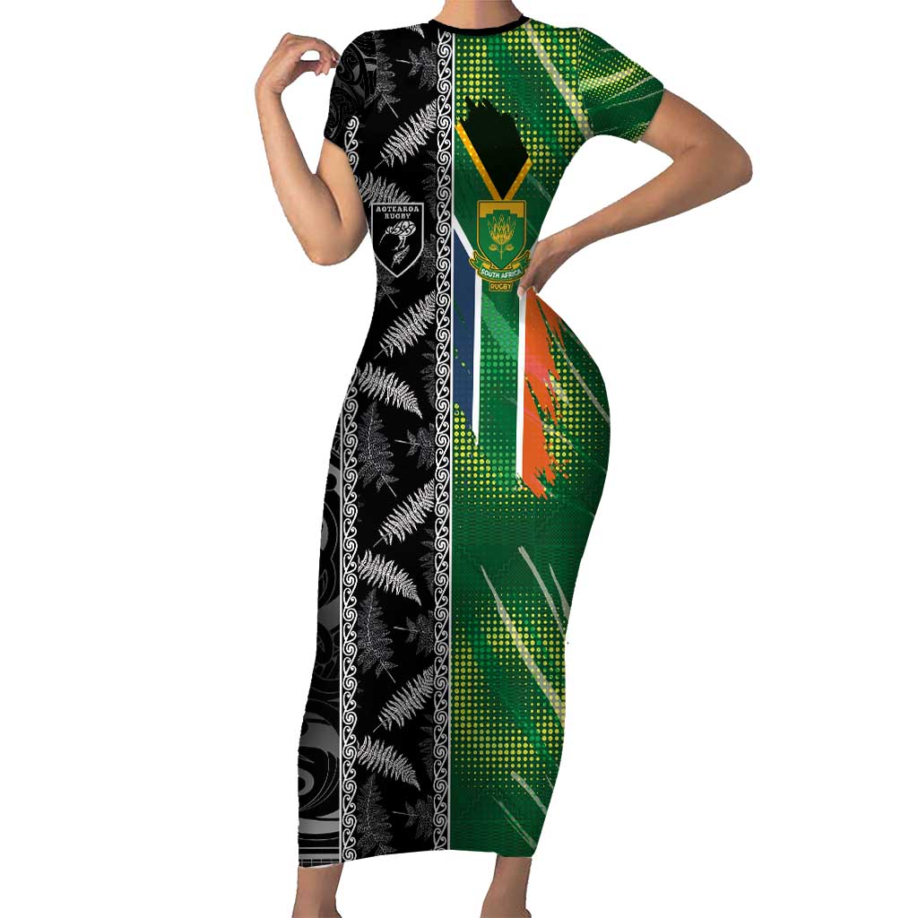 Custom Aotearoa South Africa Rugby Freedom Cup Short Sleeve Bodycon Dress Maori Silver Fern Art and Sporty Flag SA - Wonder Print Shop