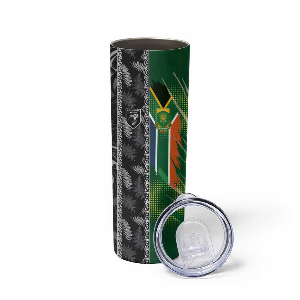 Custom Aotearoa South Africa Rugby Freedom Cup Skinny Tumbler Maori Silver Fern Art and Sporty Flag SA - Wonder Print Shop