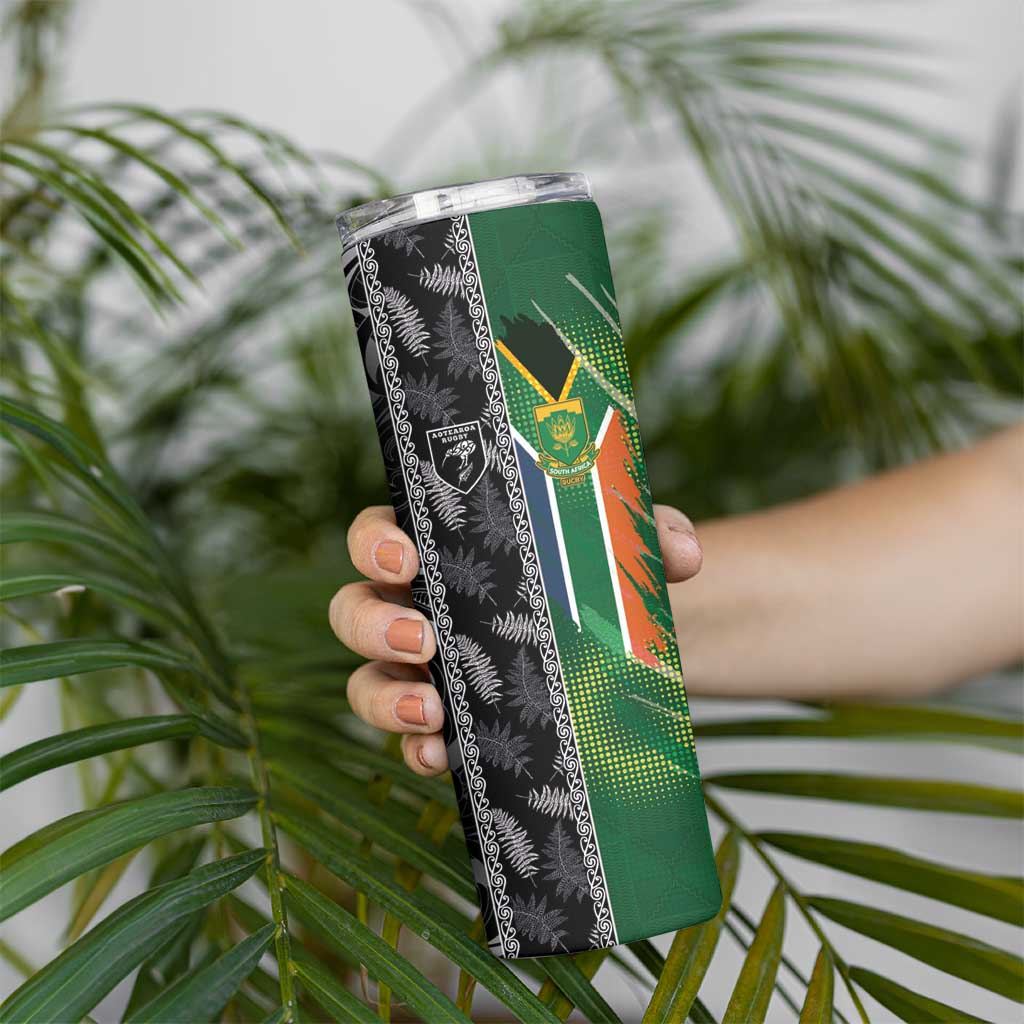 Custom Aotearoa South Africa Rugby Freedom Cup Skinny Tumbler Maori Silver Fern Art and Sporty Flag SA - Wonder Print Shop