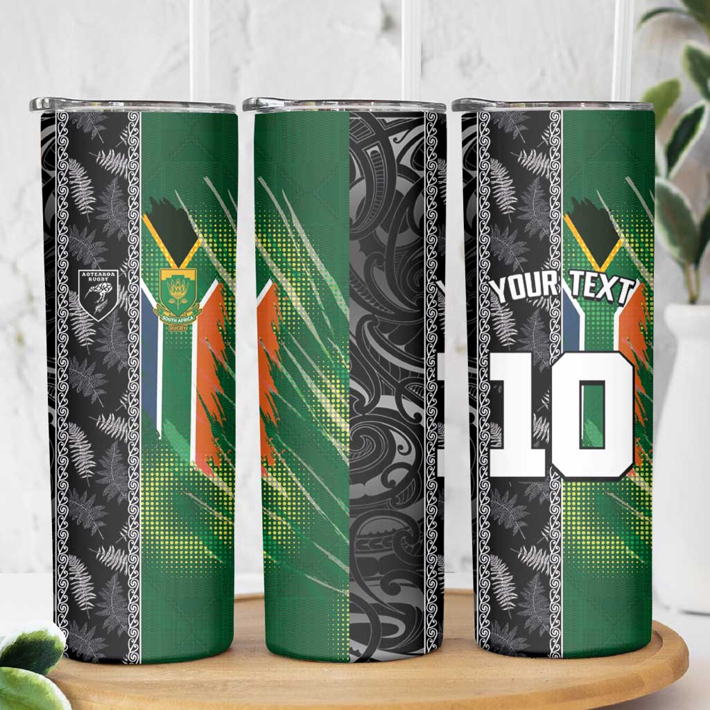 Custom Aotearoa South Africa Rugby Freedom Cup Skinny Tumbler Maori Silver Fern Art and Sporty Flag SA - Wonder Print Shop