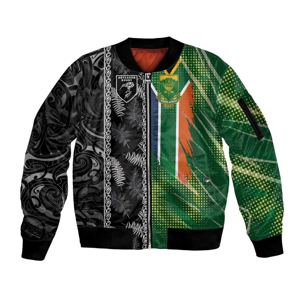 Custom Aotearoa South Africa Rugby Freedom Cup Sleeve Zip Bomber Jacket Maori Silver Fern Art and Sporty Flag SA - Wonder Print Shop