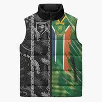 Custom Aotearoa South Africa Rugby Freedom Cup Sleeveless Puffer Jacket Maori Silver Fern Art and Sporty Flag SA - Wonder Print Shop