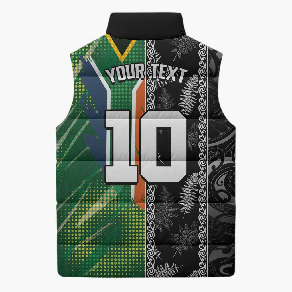 Custom Aotearoa South Africa Rugby Freedom Cup Sleeveless Puffer Jacket Maori Silver Fern Art and Sporty Flag SA - Wonder Print Shop