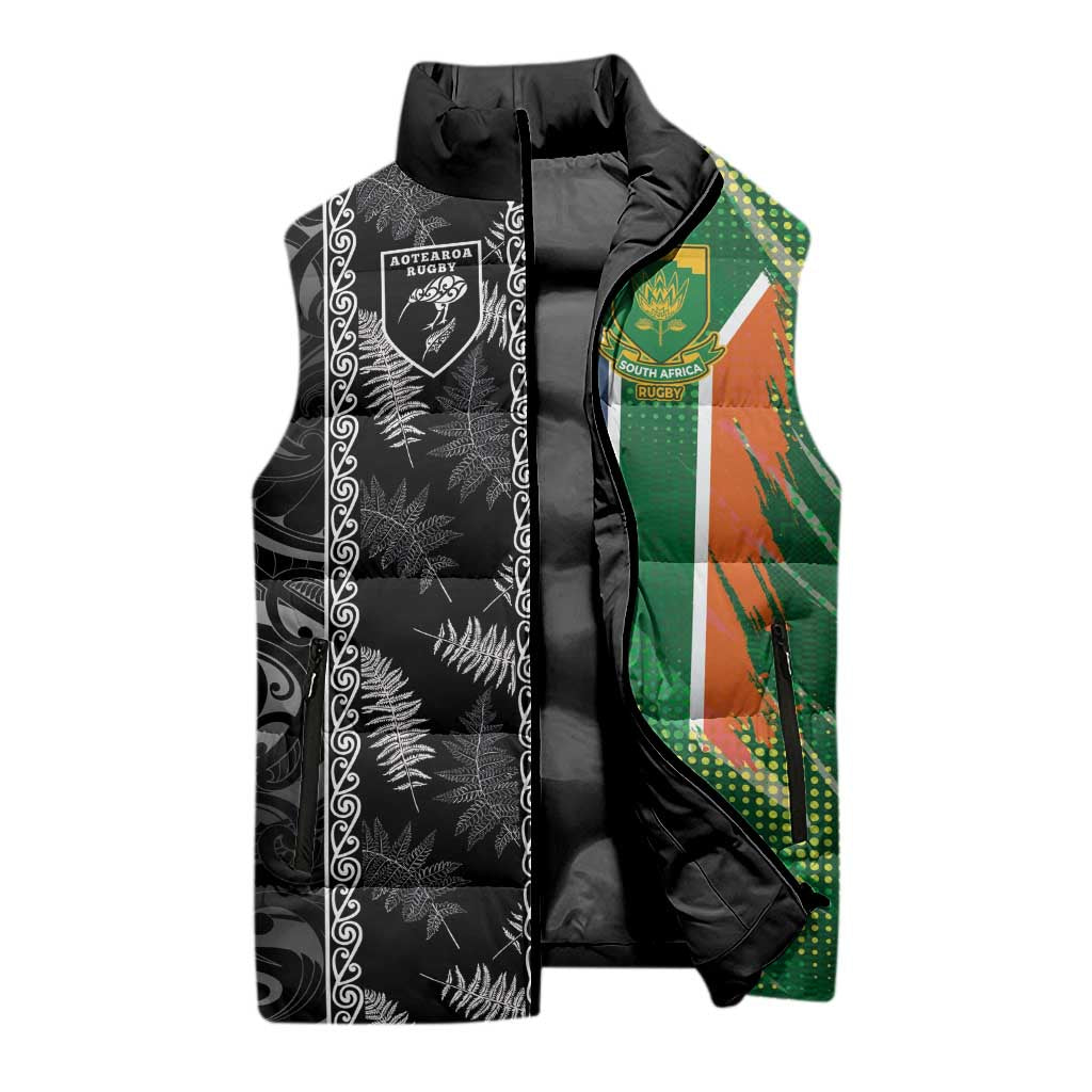 Custom Aotearoa South Africa Rugby Freedom Cup Sleeveless Puffer Jacket Maori Silver Fern Art and Sporty Flag SA - Wonder Print Shop