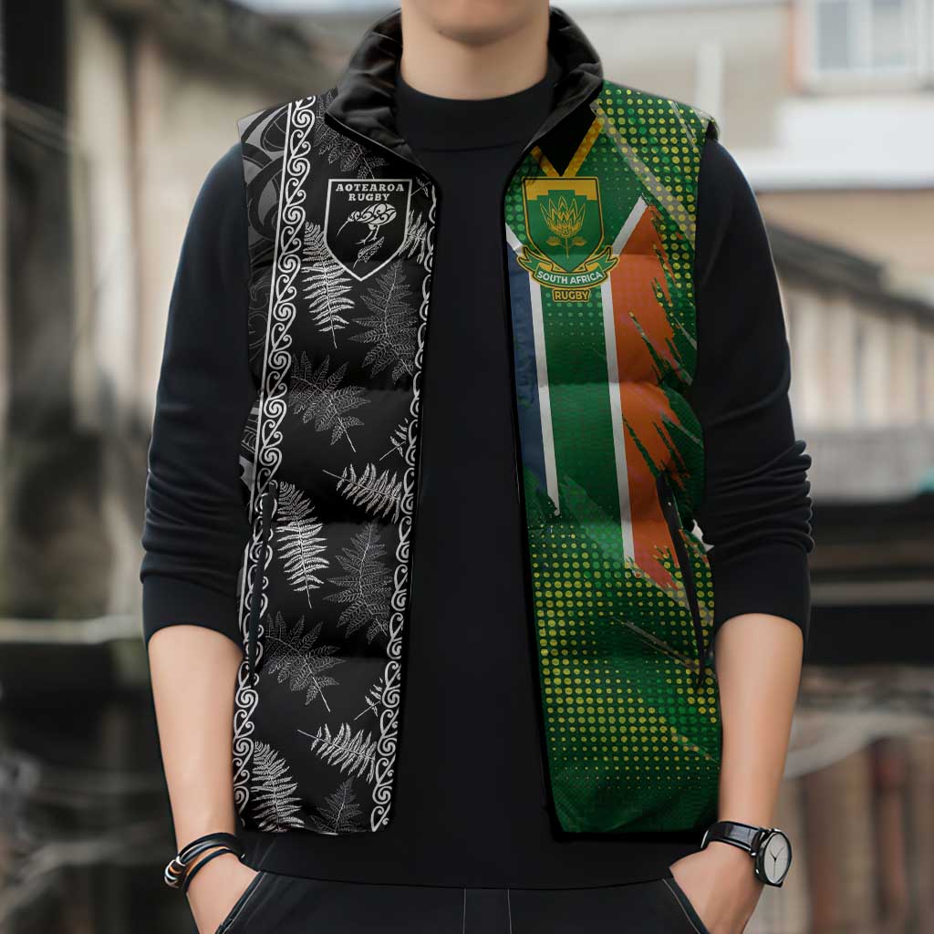Custom Aotearoa South Africa Rugby Freedom Cup Sleeveless Puffer Jacket Maori Silver Fern Art and Sporty Flag SA - Wonder Print Shop