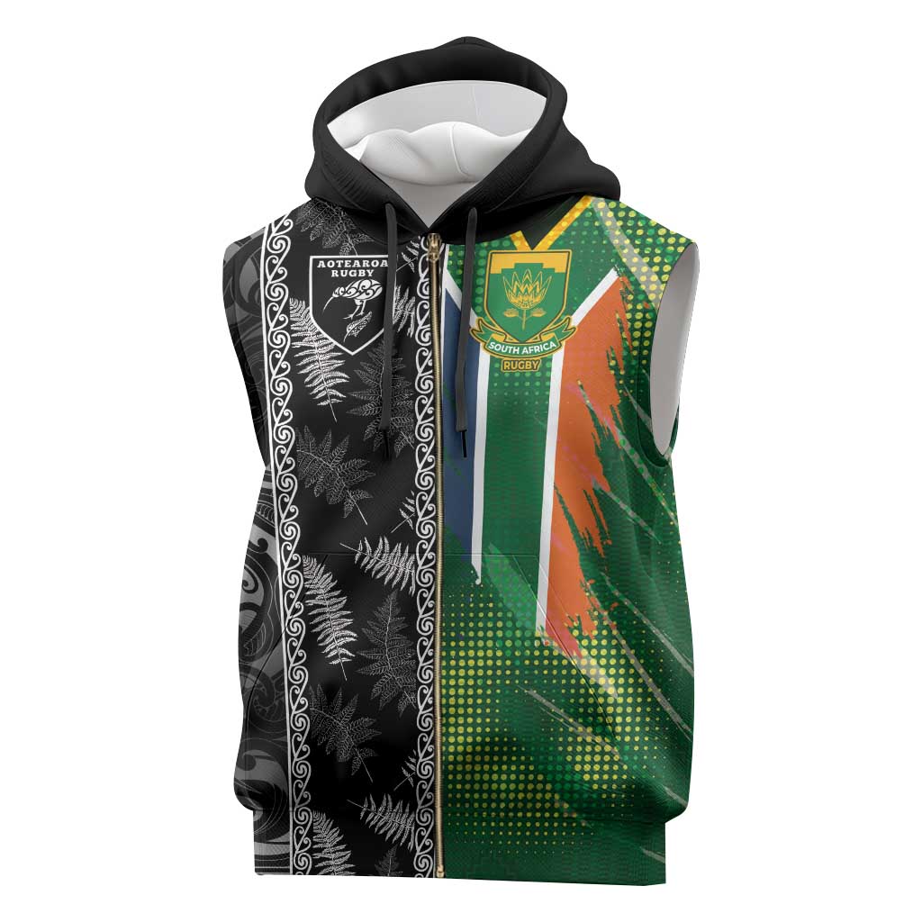 Custom Aotearoa South Africa Rugby Freedom Cup Sleeveless Zip Hoodie Maori Silver Fern Art and Sporty Flag SA - Wonder Print Shop