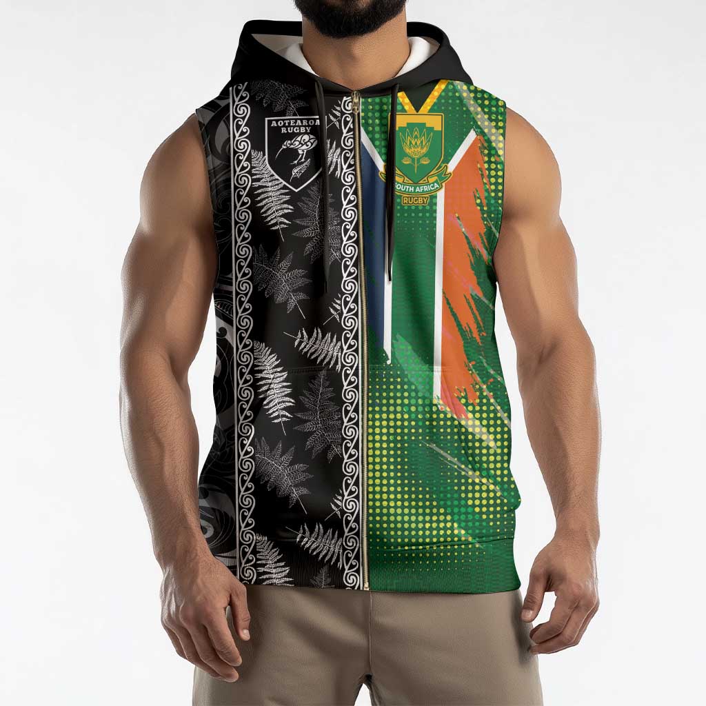 Custom Aotearoa South Africa Rugby Freedom Cup Sleeveless Zip Hoodie Maori Silver Fern Art and Sporty Flag SA - Wonder Print Shop