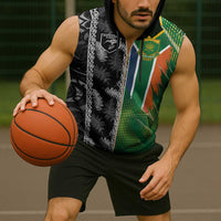 Custom Aotearoa South Africa Rugby Freedom Cup Sleeveless Zip Hoodie Maori Silver Fern Art and Sporty Flag SA - Wonder Print Shop