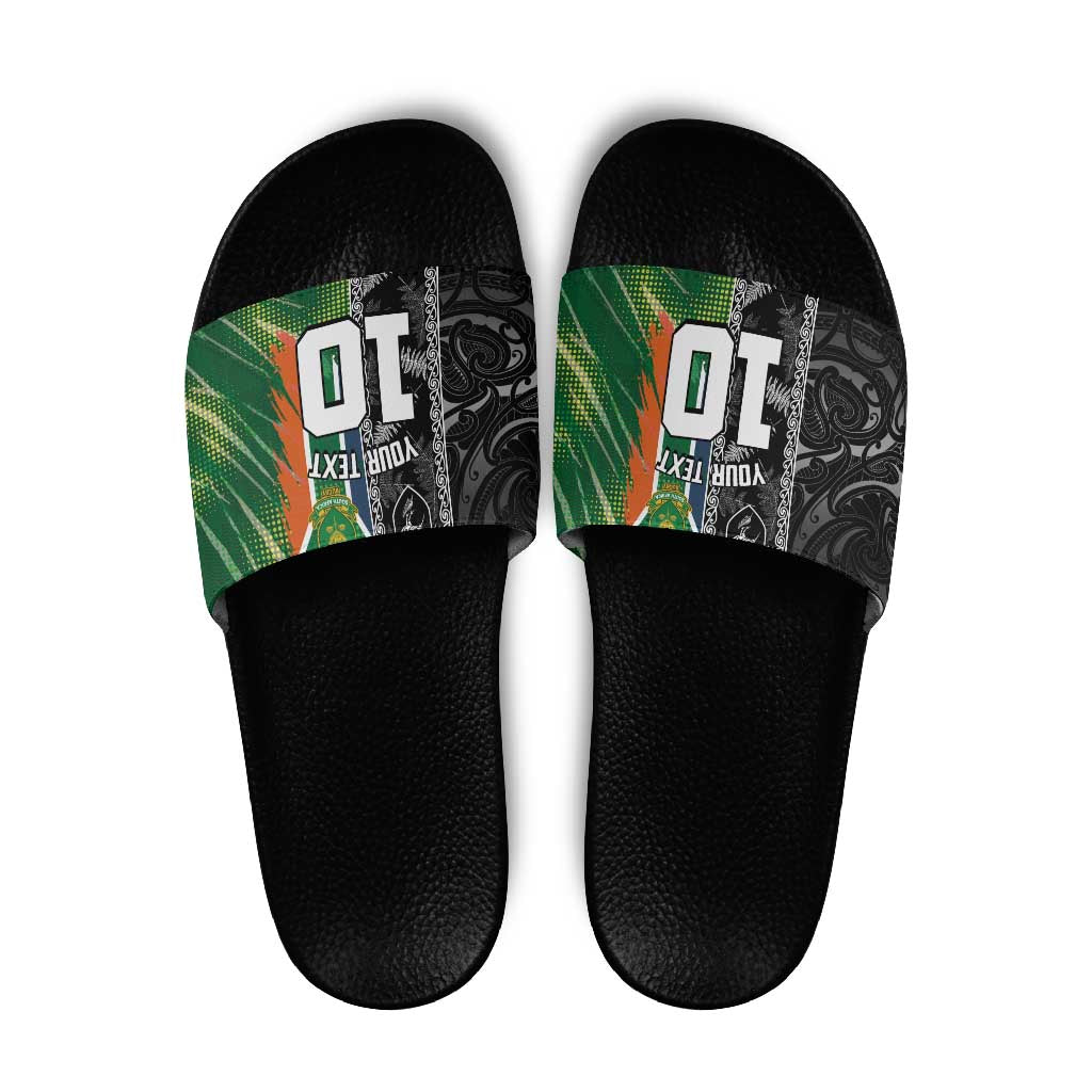 Custom Aotearoa South Africa Rugby Freedom Cup Slide Sandals Maori Silver Fern Art and Sporty Flag SA - Wonder Print Shop