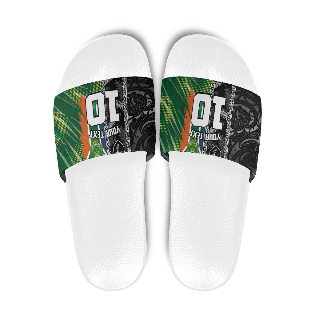 Custom Aotearoa South Africa Rugby Freedom Cup Slide Sandals Maori Silver Fern Art and Sporty Flag SA - Wonder Print Shop