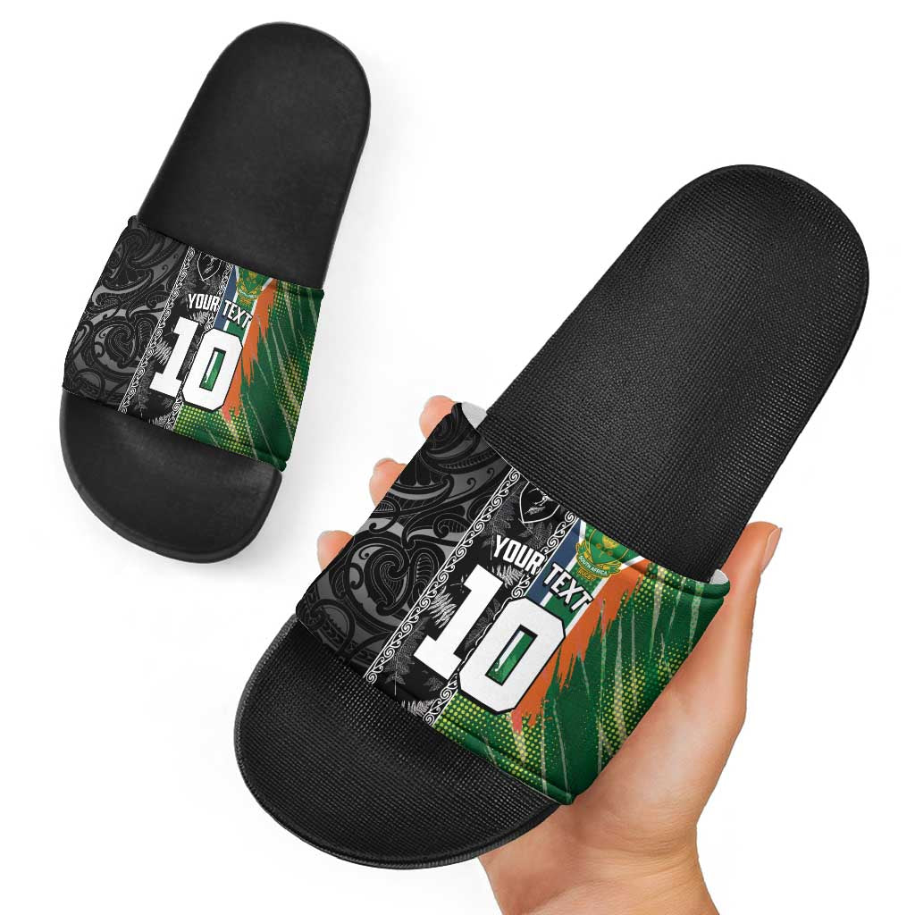Custom Aotearoa South Africa Rugby Freedom Cup Slide Sandals Maori Silver Fern Art and Sporty Flag SA - Wonder Print Shop