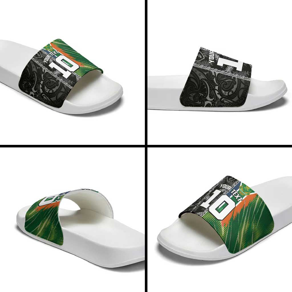 Custom Aotearoa South Africa Rugby Freedom Cup Slide Sandals Maori Silver Fern Art and Sporty Flag SA - Wonder Print Shop