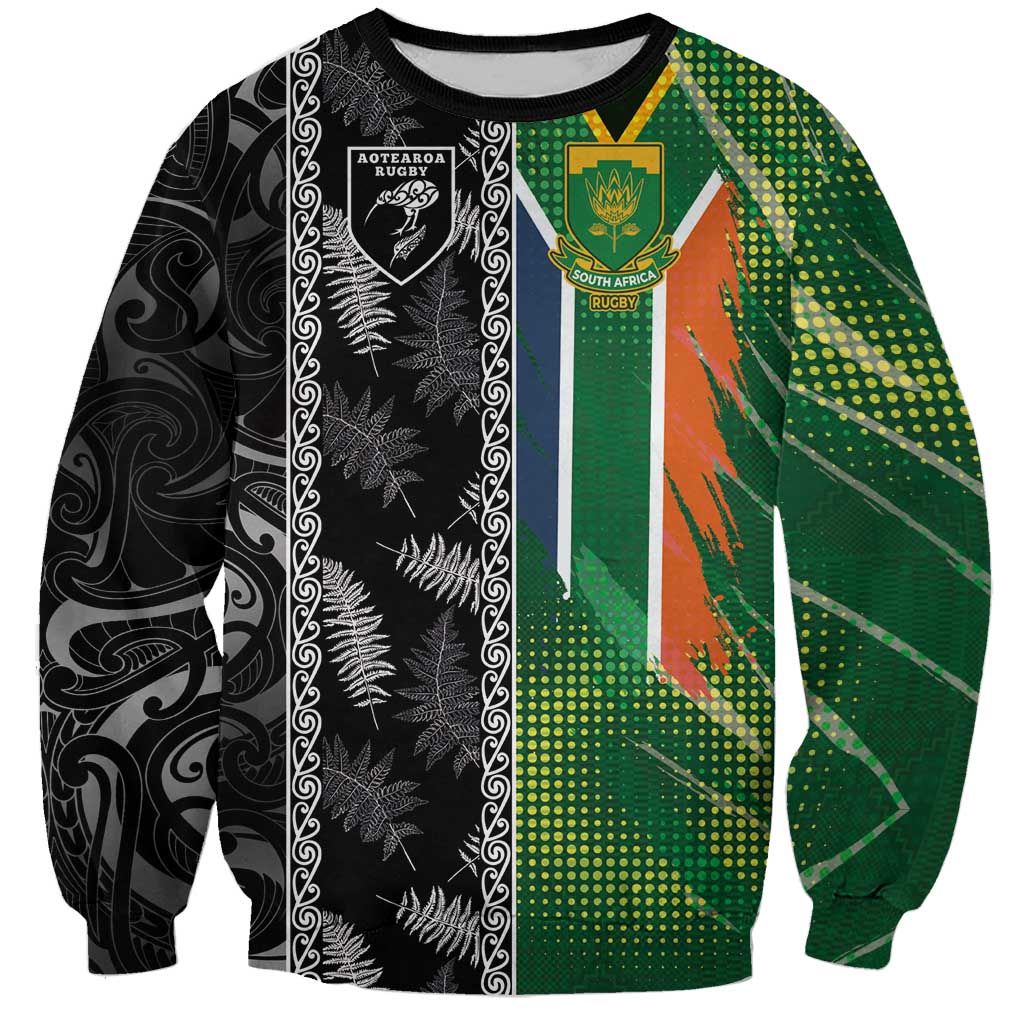 Custom Aotearoa South Africa Rugby Freedom Cup Sweatshirt Maori Silver Fern Art and Sporty Flag SA - Wonder Print Shop